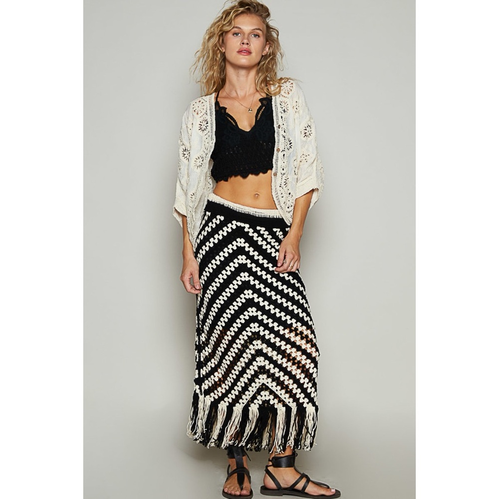 POL Black and Cream Crochet Fringe Maxi Skirt